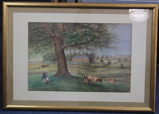 Captain J.F.Boxer (19th C.) Naive landscape with farm workers, steam train and houses, 12.5 x 19in.